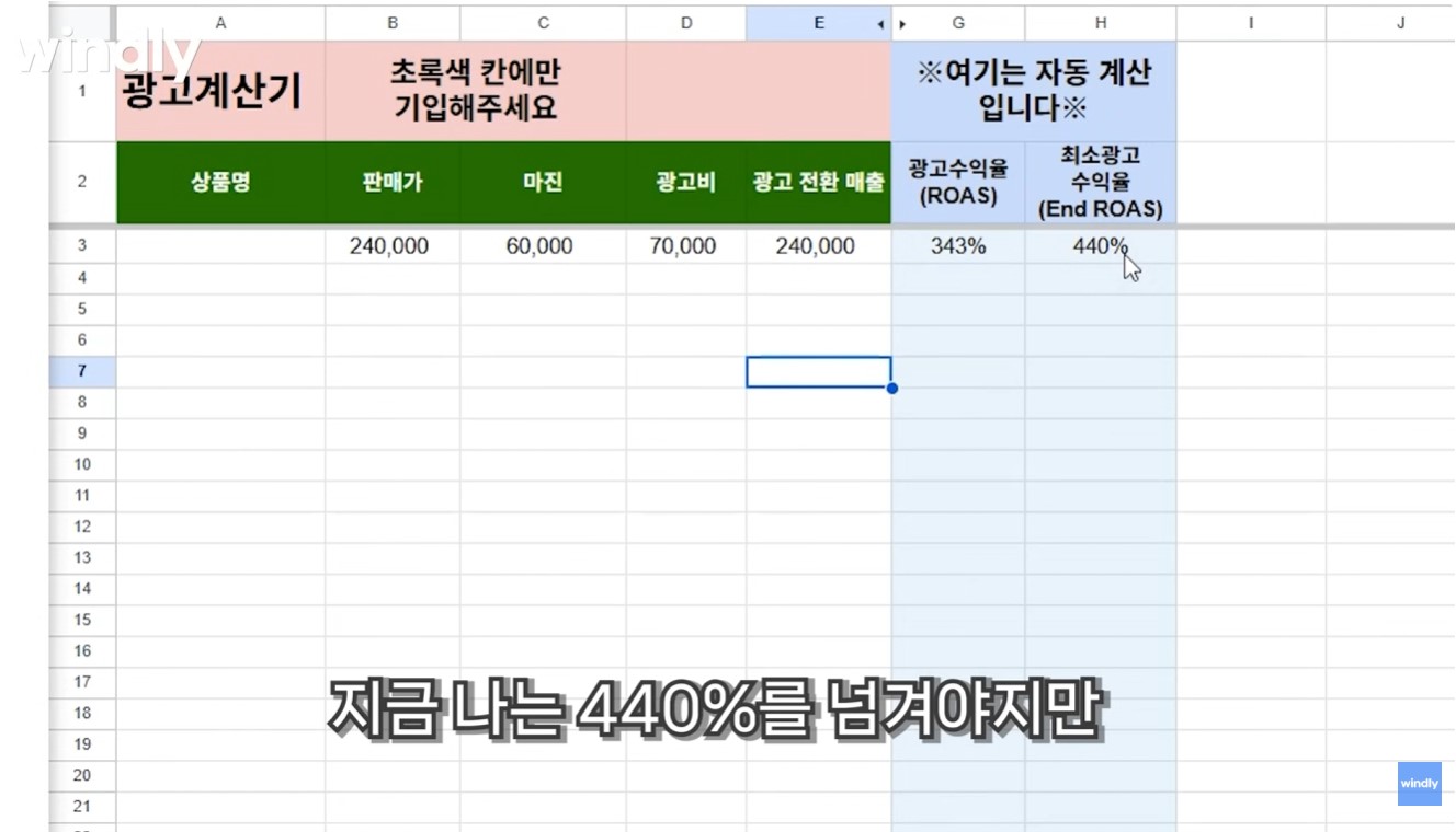 구매대행 부업 광고 집행 시 손익분기점 로아스(ROAS)를 계산하는 엑셀 수식 화면.