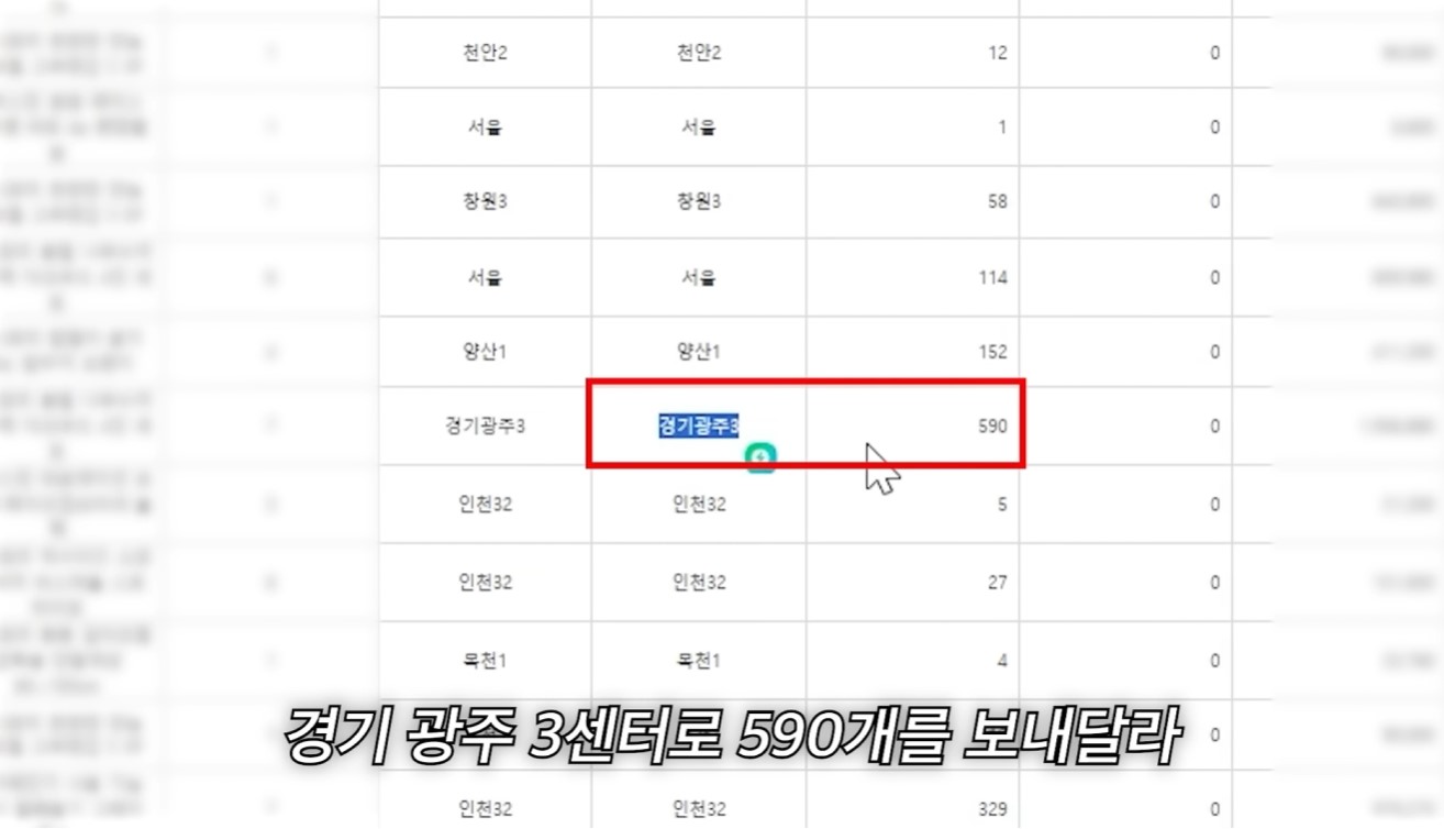 쿠팡 로켓배송 판매자 센터에서 받은 대량 발주 데이터와 입고 예정 수량을 확인하는 실제 관리 화면.